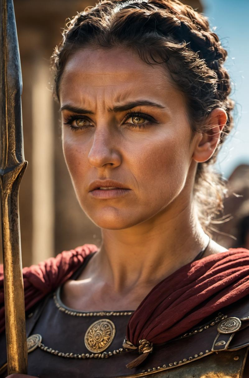 00160-A close-up shot of a determined roman woman, sweat glistening on her chiseled features as she clenches her iconic spear, ready t.png